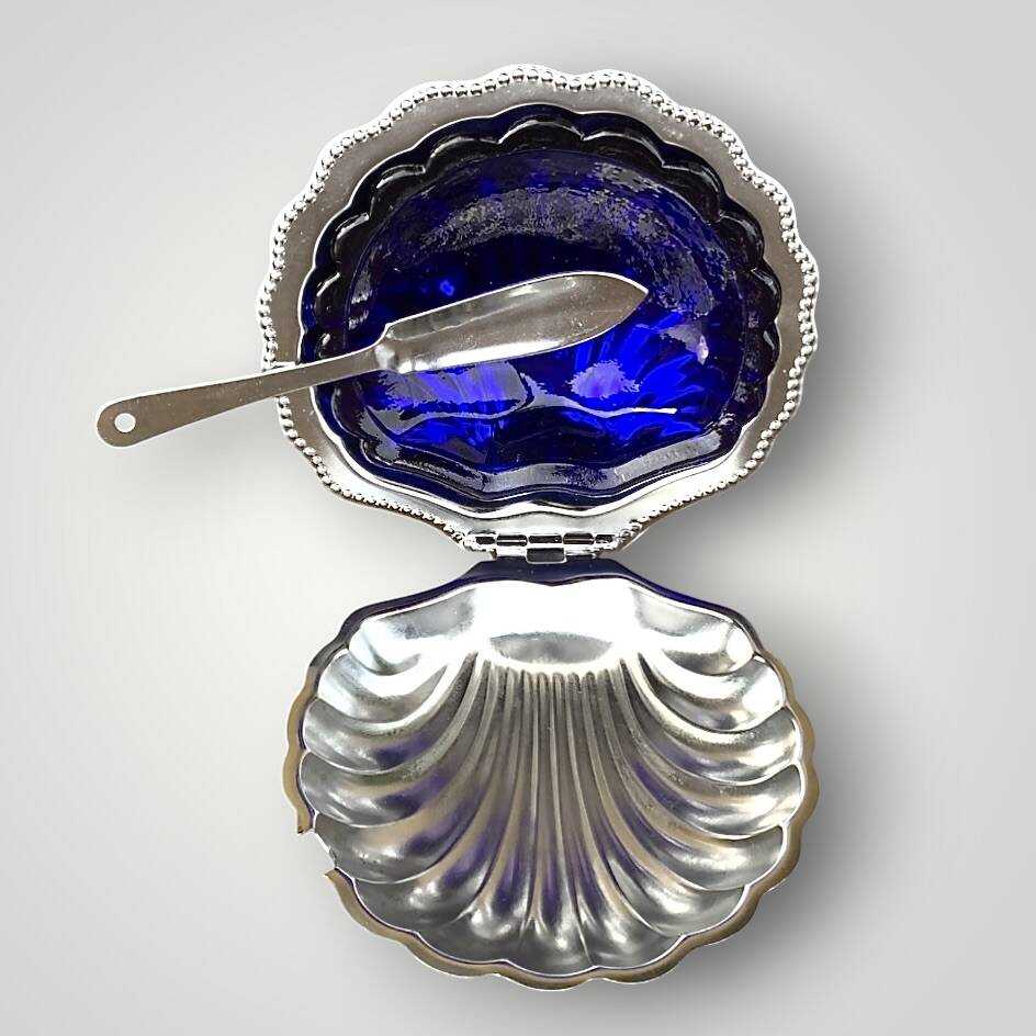 Vintage stainless steel and cobalt blue glass shell butter dish with box + knife