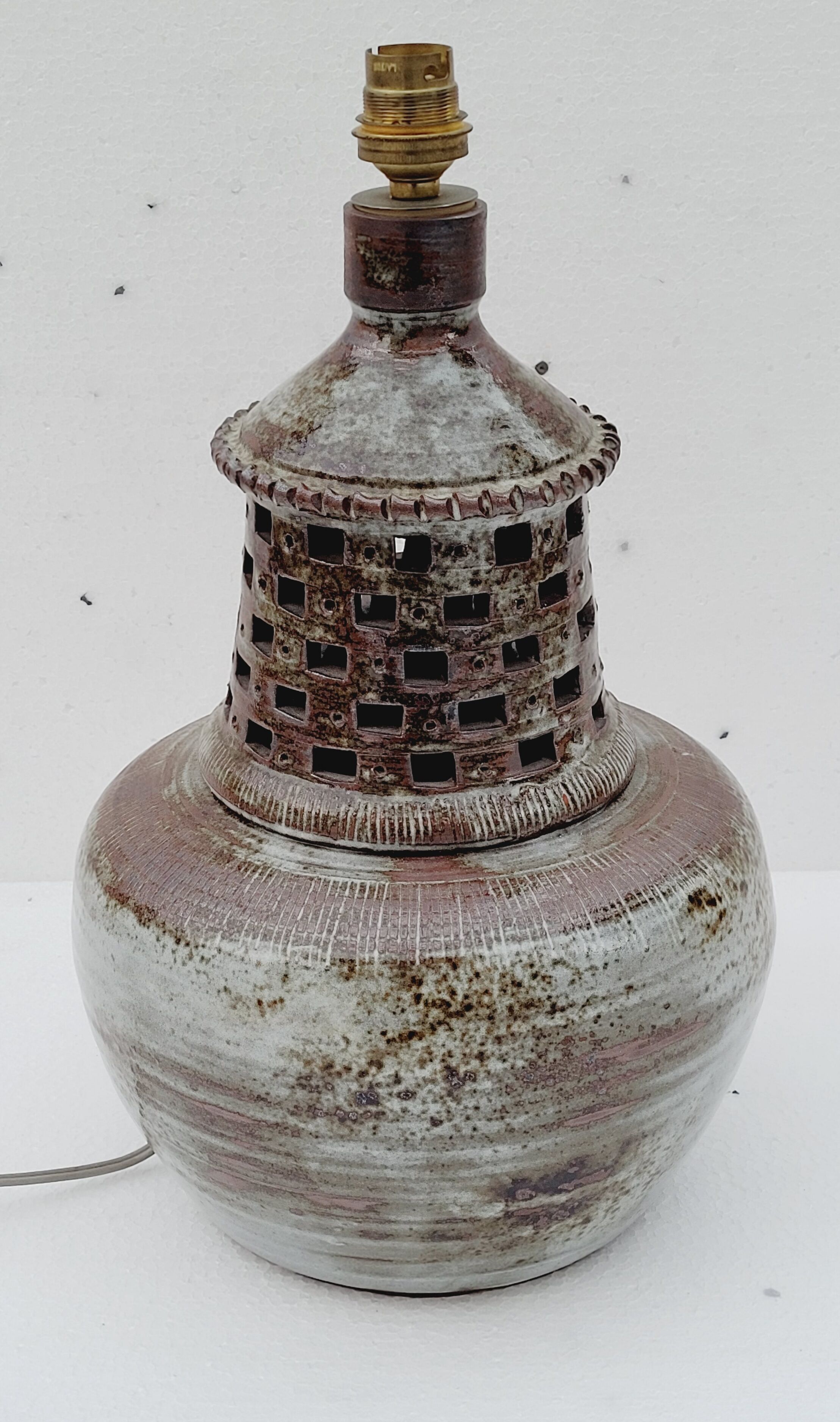 Vintage lamp foot in openwork ceramic email brown gray signed