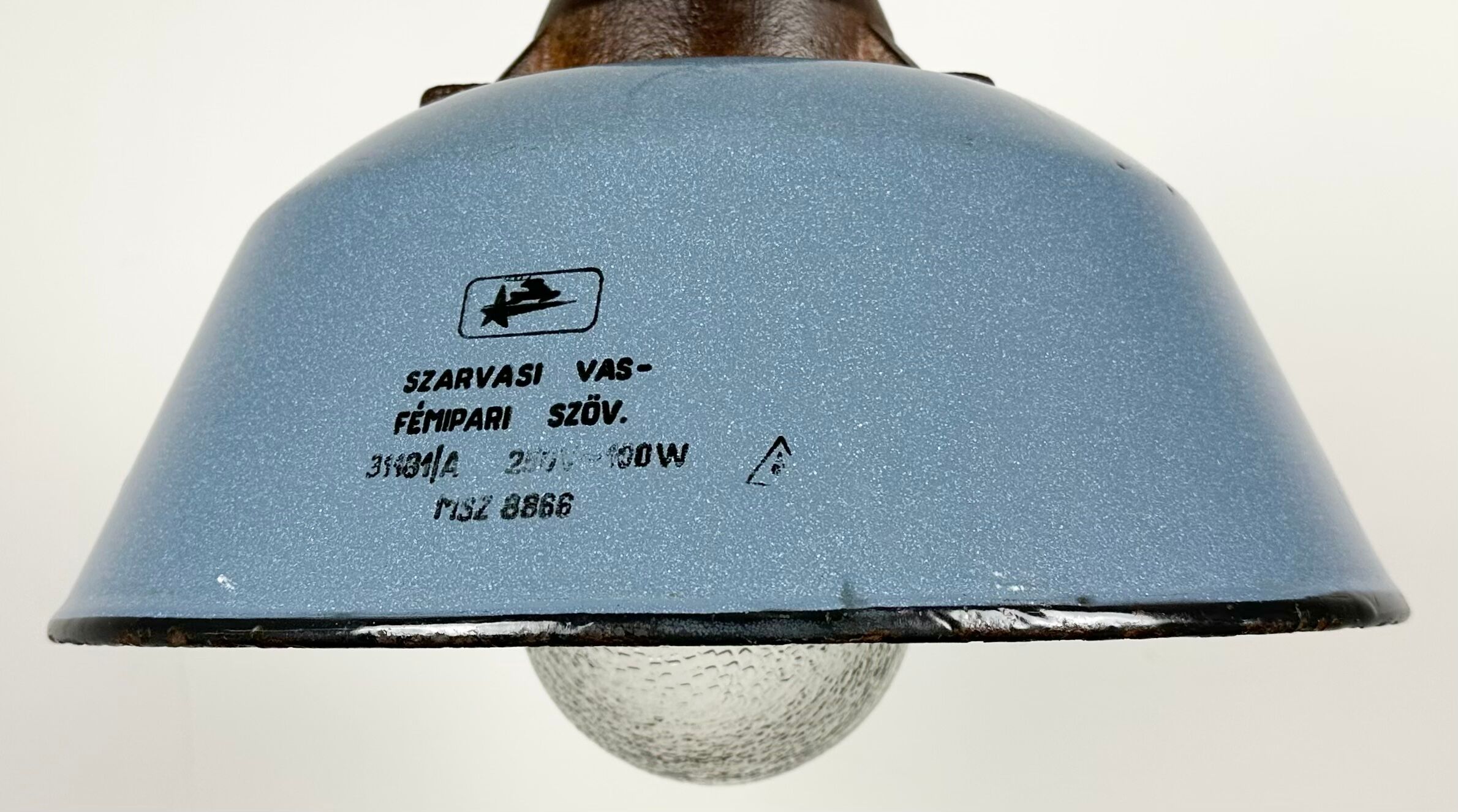 Industrial Grey Enamel and Cast Iron Pendant Light with Glass Cover, 1960s