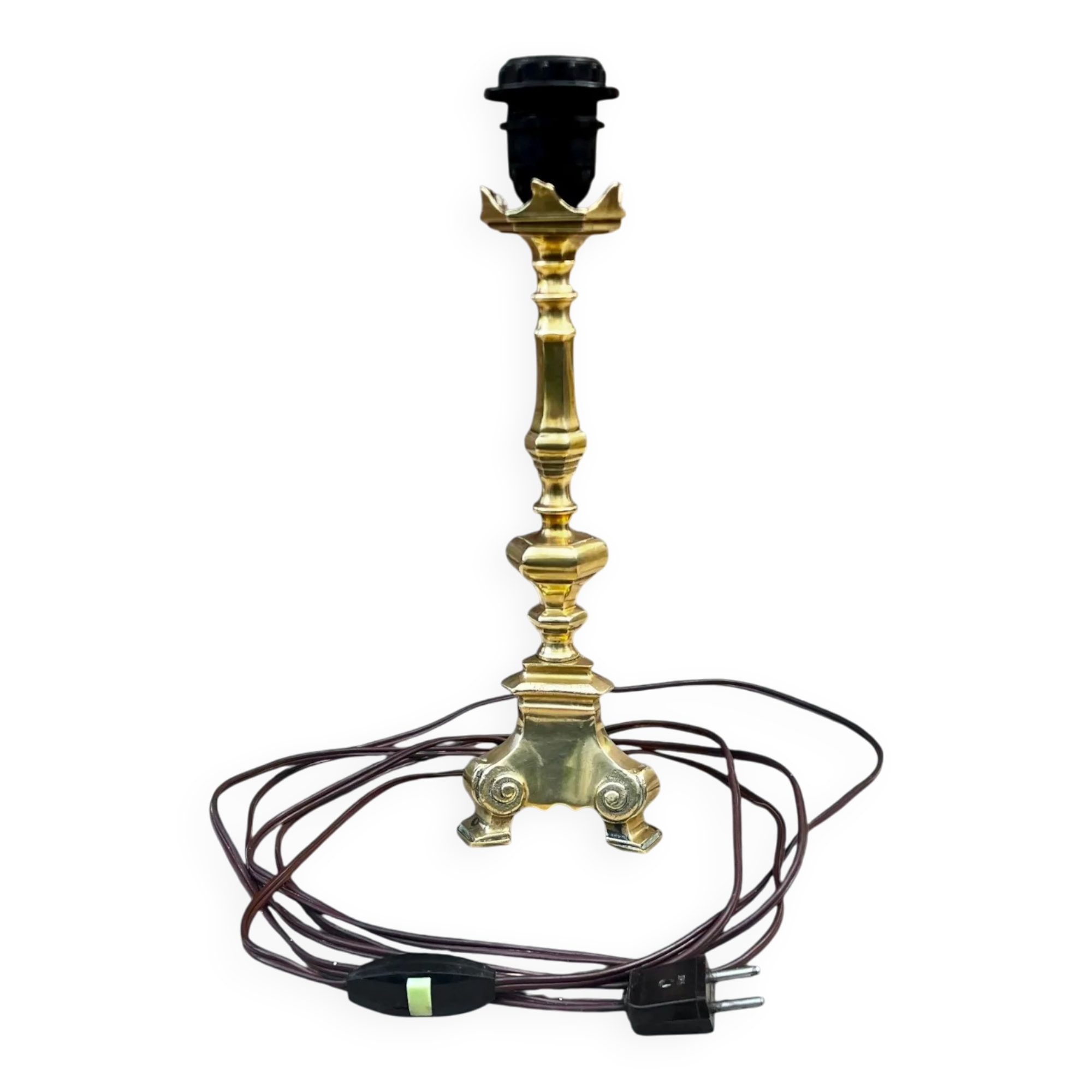 Pied de lampe en laiton massif poli style bougeoir – années 50 60