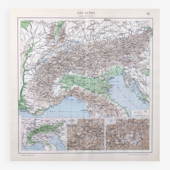Carte montagnes des Alpes Europe vintage de 1950