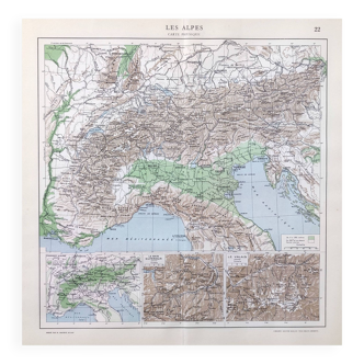 Carte montagnes des Alpes Europe vintage de 1950