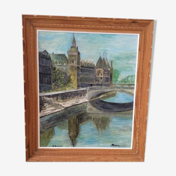 Tableau ancien, paysage de Paris