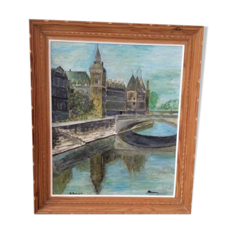 Tableau ancien, paysage de Paris