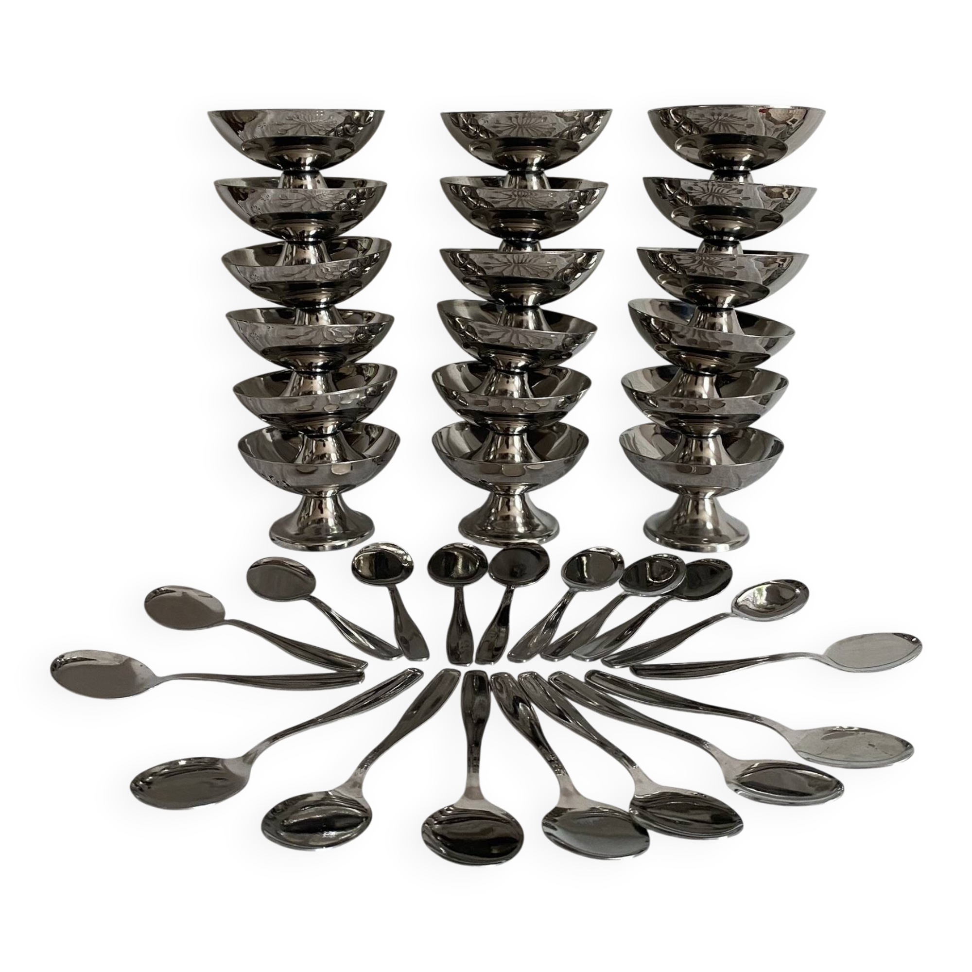 Stainless steel ice cream cups and spoons, 1960s-70s, original boxes.