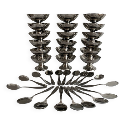 Coupes à glace en inox et cuillères,années 60-70 ,Boîtes d'origine
