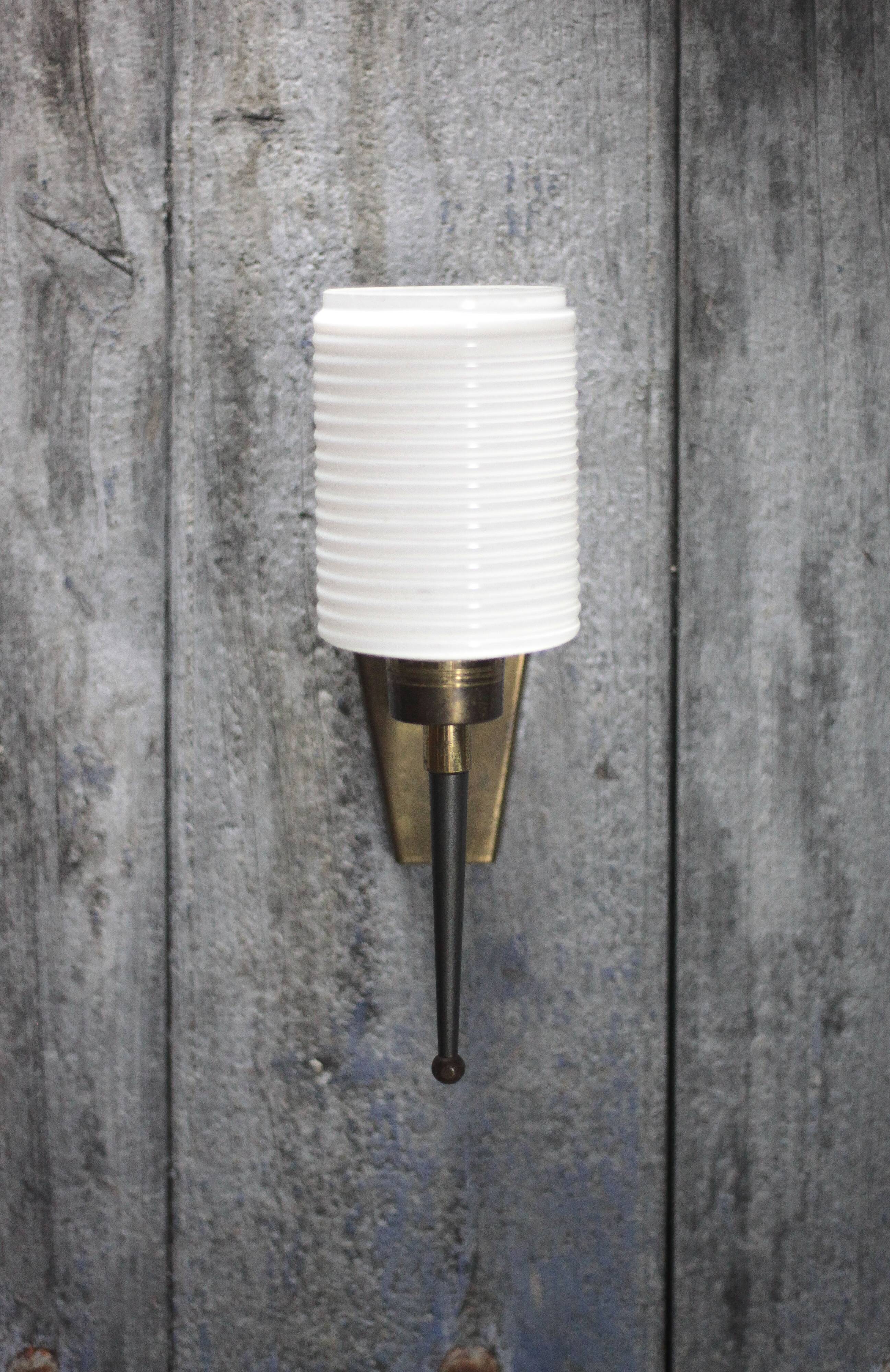Brass wall light, black lacquered metal and white opal glass, 50s.