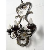 Contemporary brunito and rush florentine wrought iron wall lamp with floreal crystals