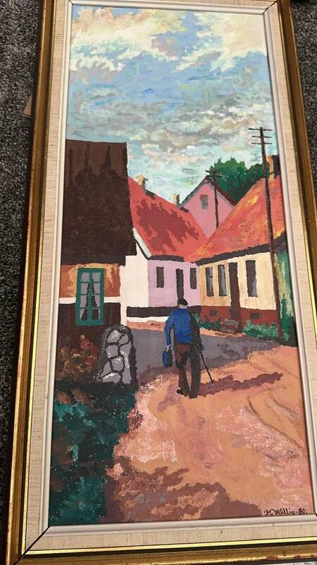 Oil on panel "Old Man in the Street" by M. Wallin vintage & framed 27x54cm