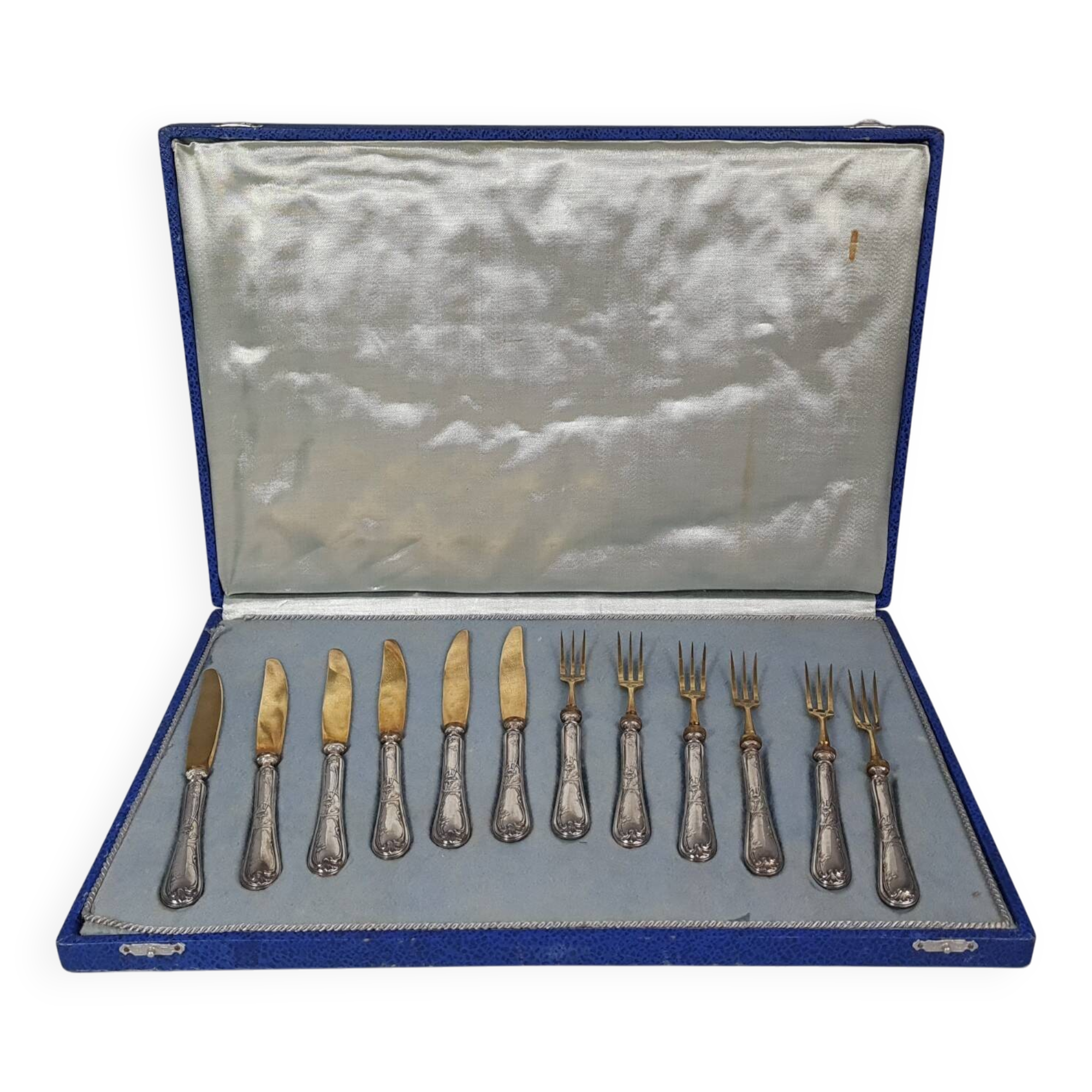 Dessert set of 6 knives and 6 forks in silver metal + case C729 S