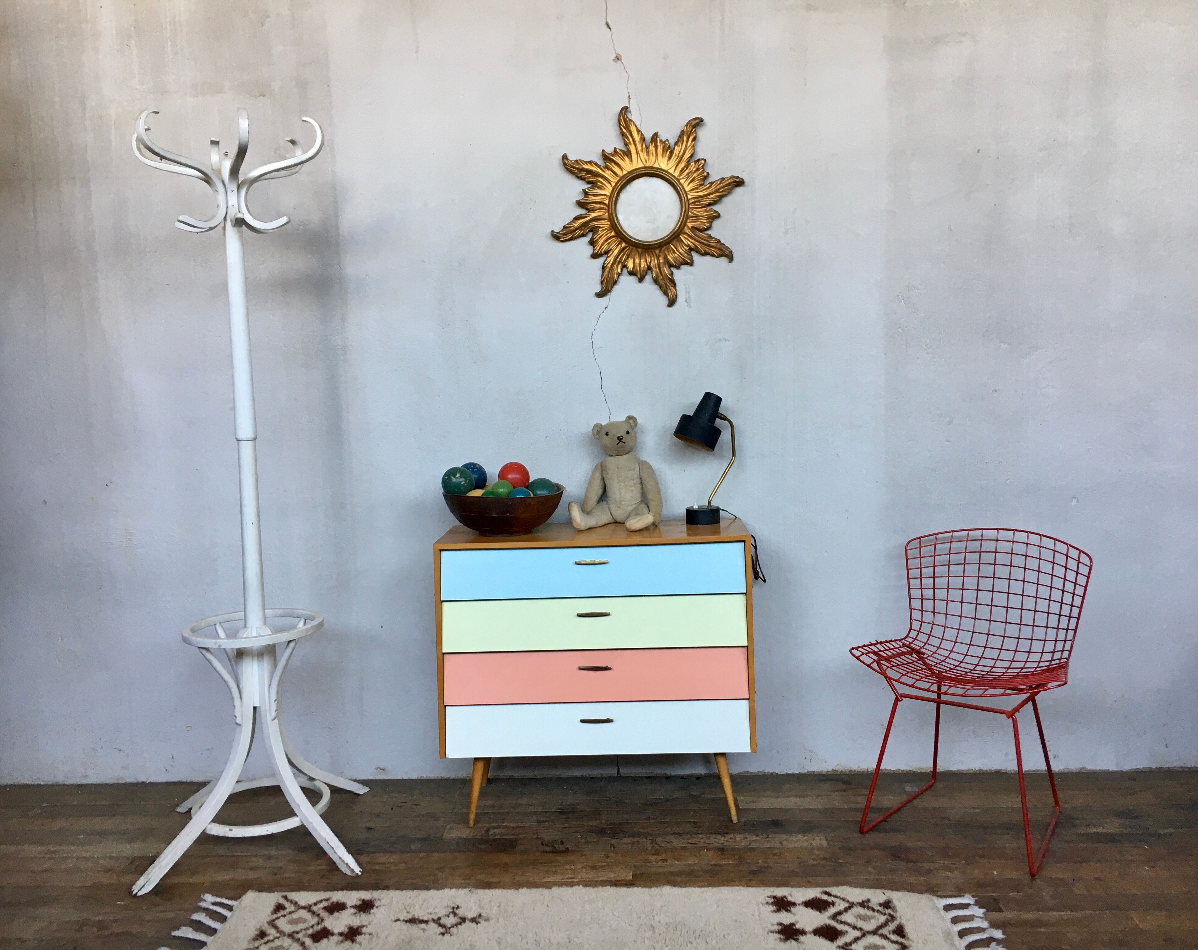 50s color formica shoe cabinet with compass feet