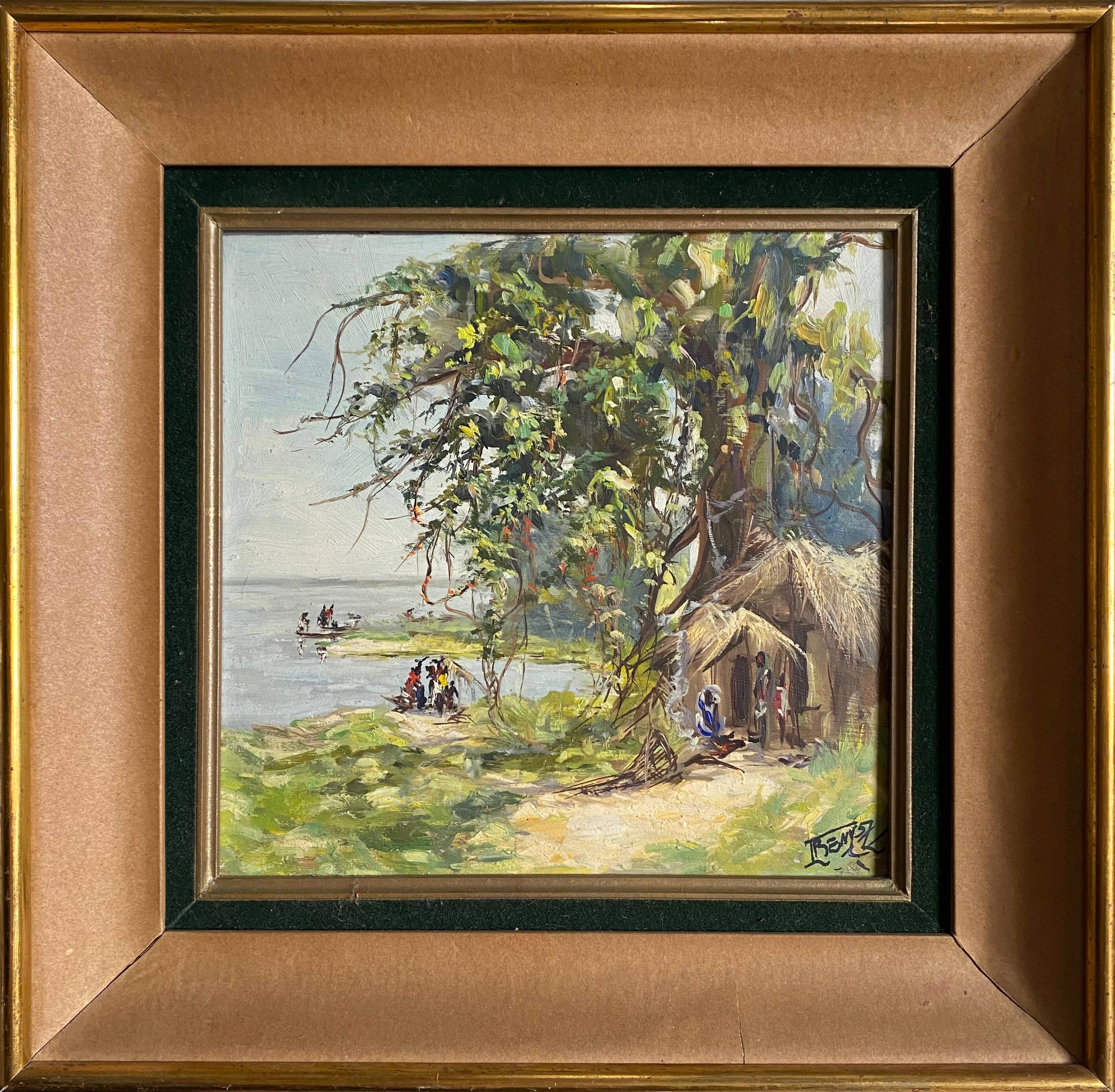 Table HSP 1957 "Fishing village" Congo signed Orientalist Africa