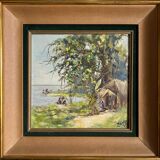 Table HSP 1957 "Fishing village" Congo signed Orientalist Africa