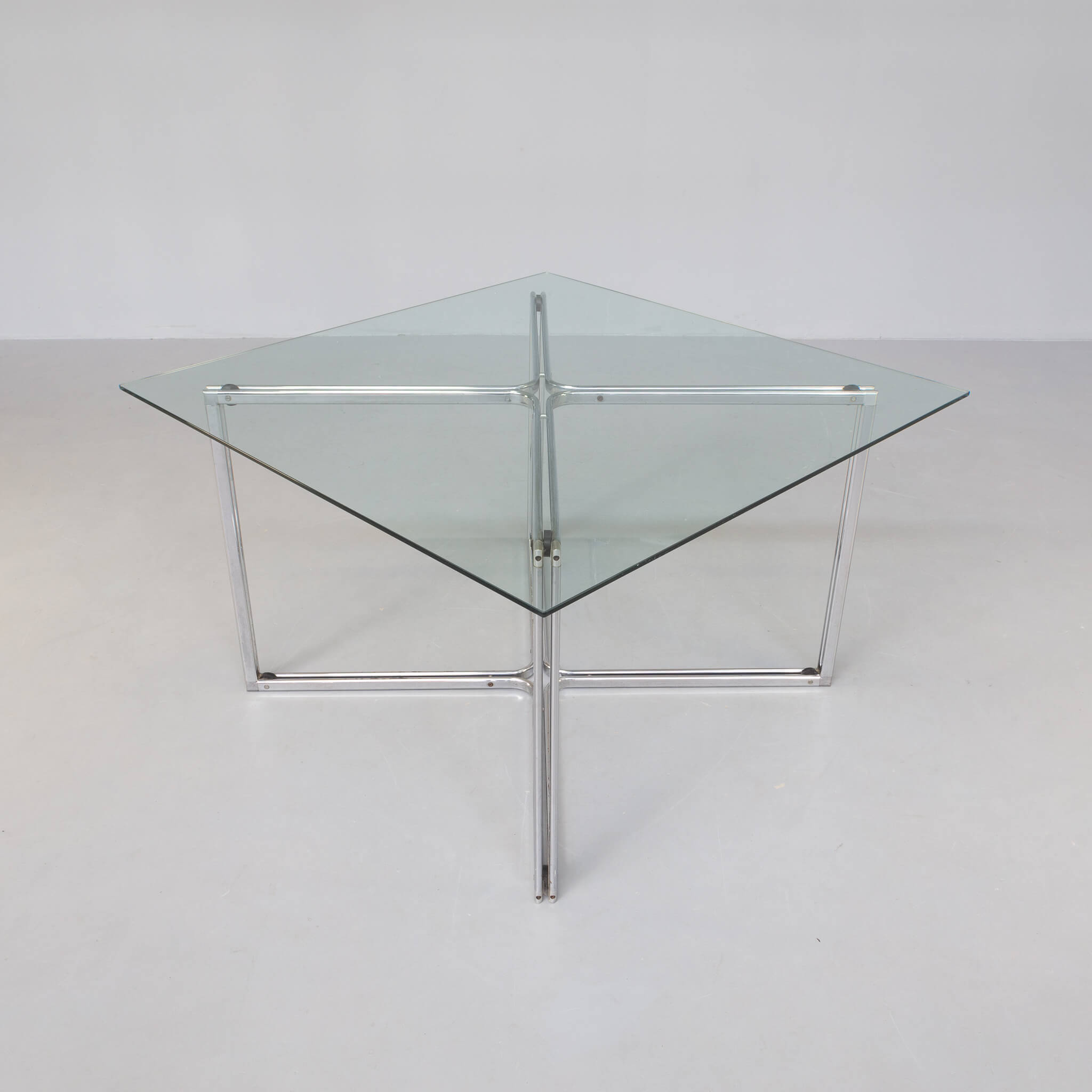 80s Chrome cross framed dining table glass table top