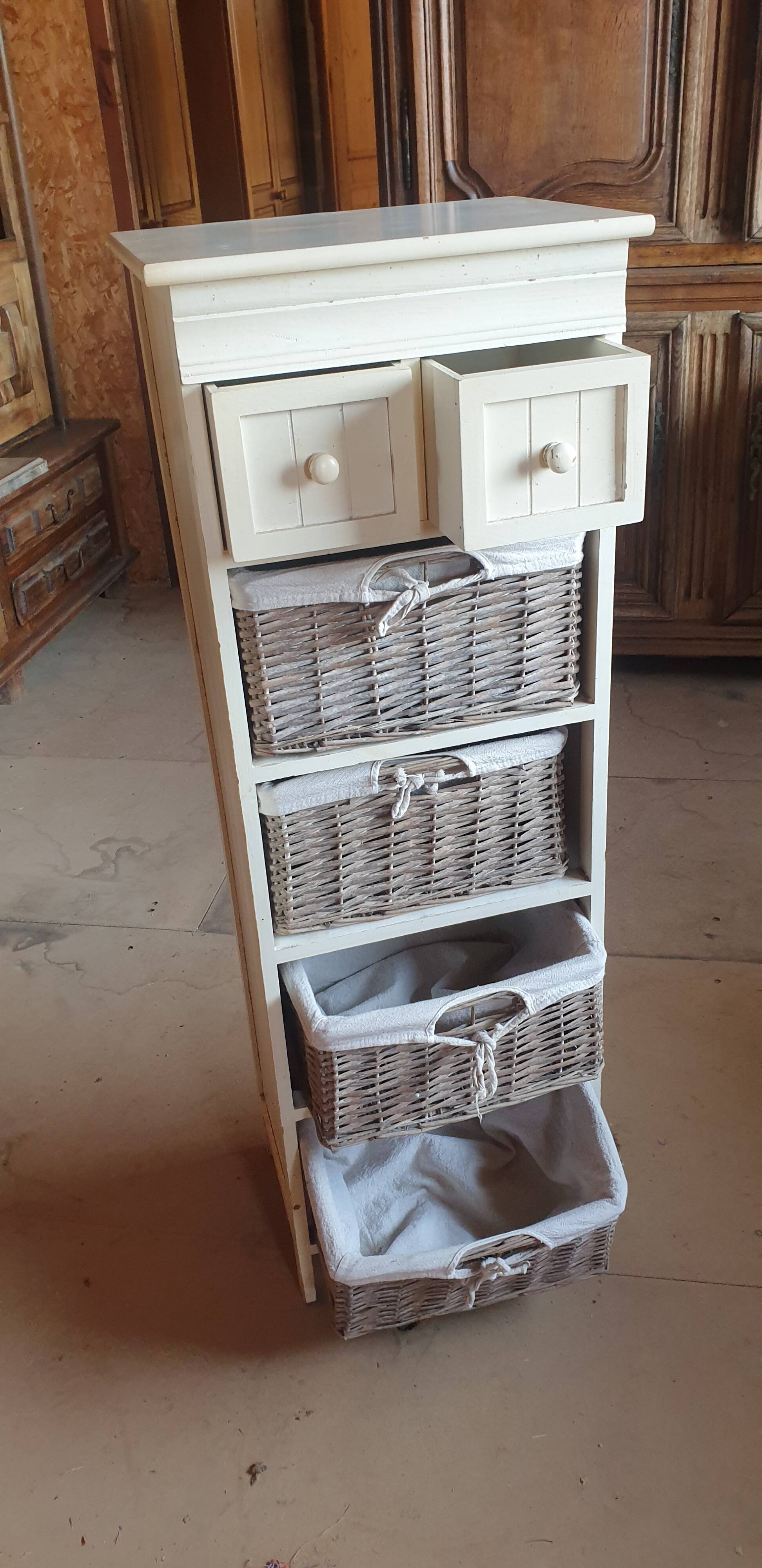 chiffonier, linen chest of drawers made of wood, wicker and fabric