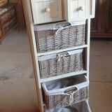 chiffonier, linen chest of drawers made of wood, wicker and fabric