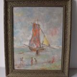 Ancienne peinture sur toile tableau voilier français bord de mer signé JP Gilbert 69