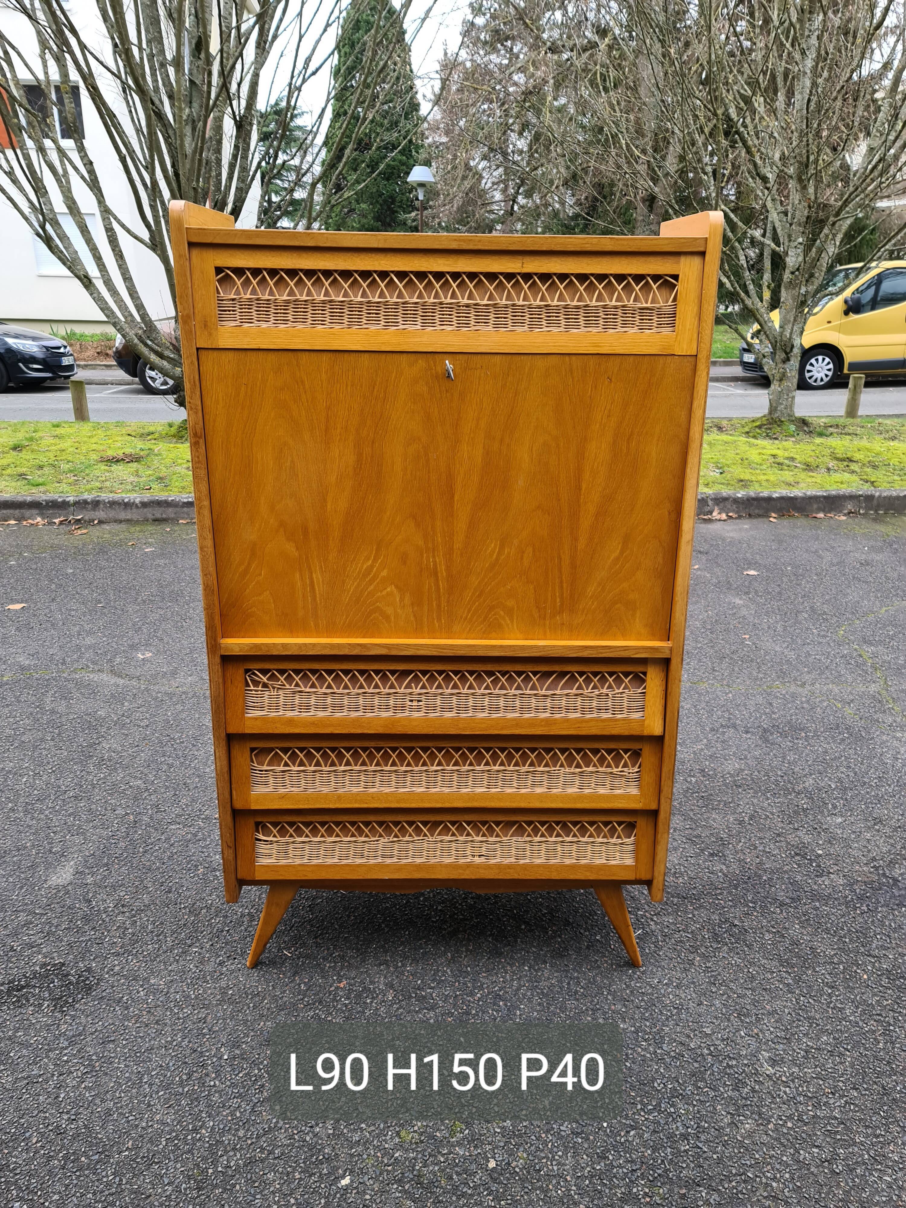 Secrétaire vintage pied compas 1960 rotin