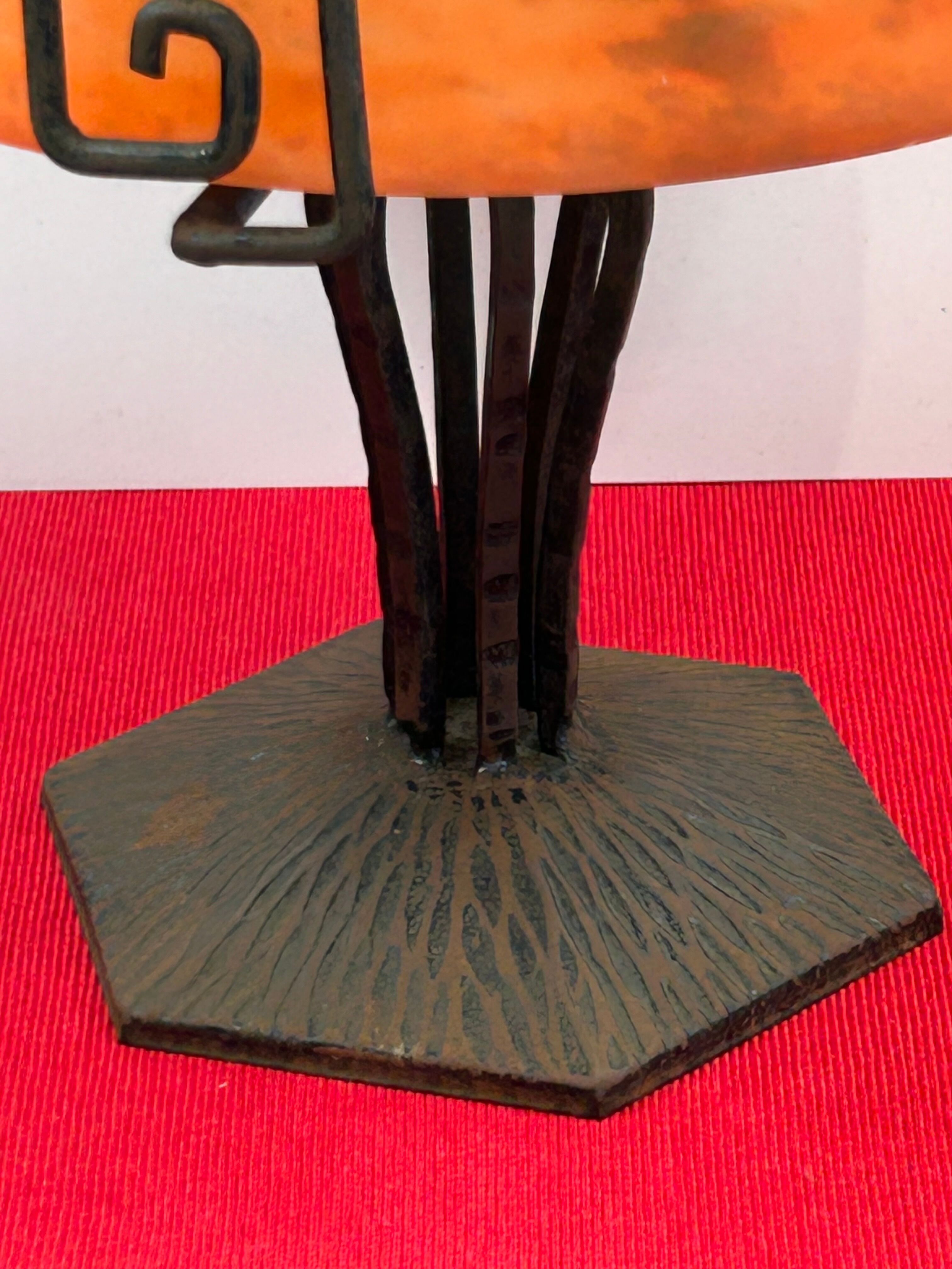 Art deco pâte de verre signed lorrain with wrought iron base, dlg by majorelle