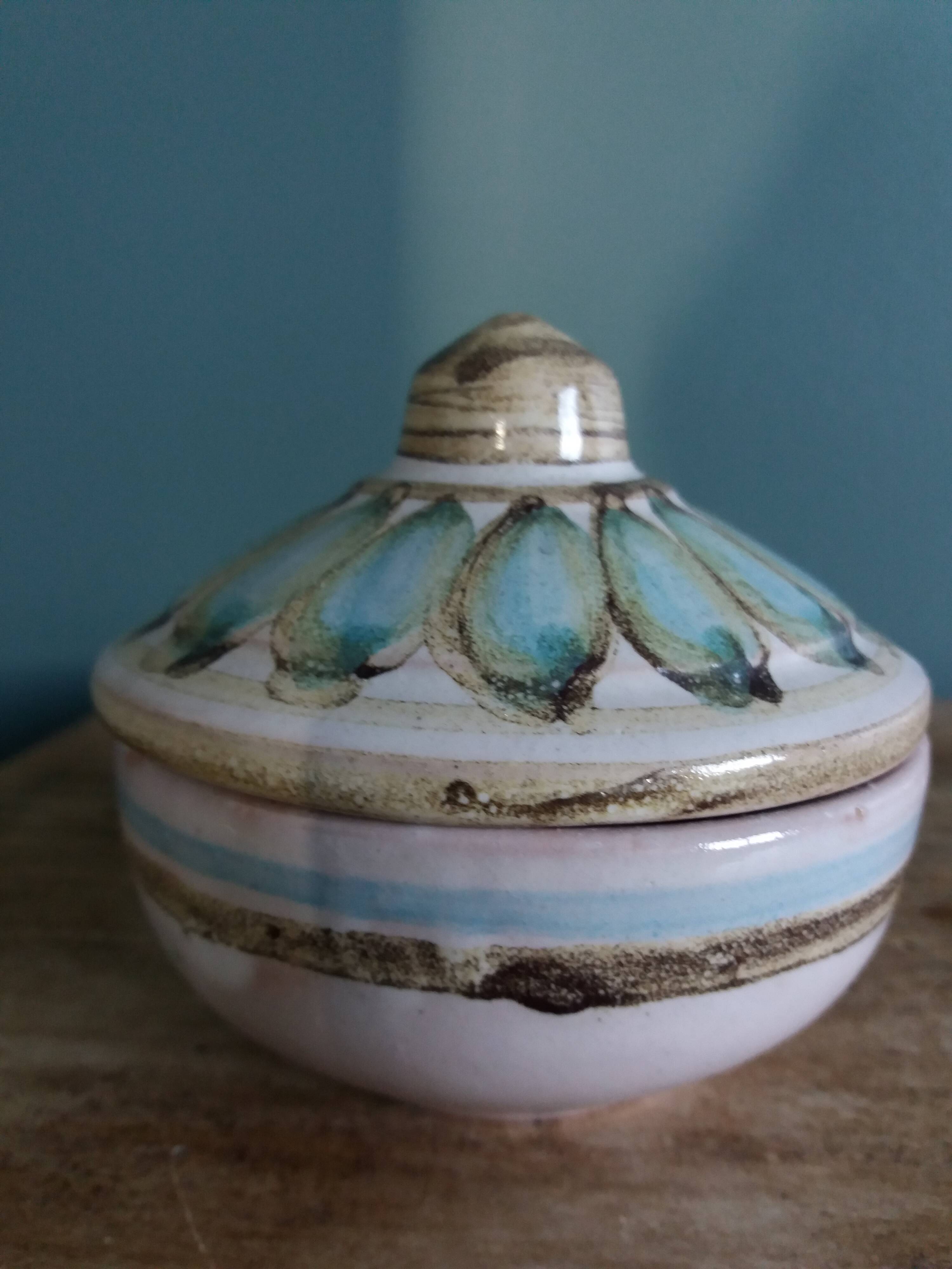 Covered pot, ceramic sugar bowl, signed