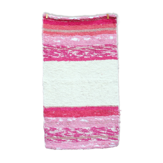 Petit tapis tissé main -Coton recyclé - Rose et blanc - 50 x 90 cm