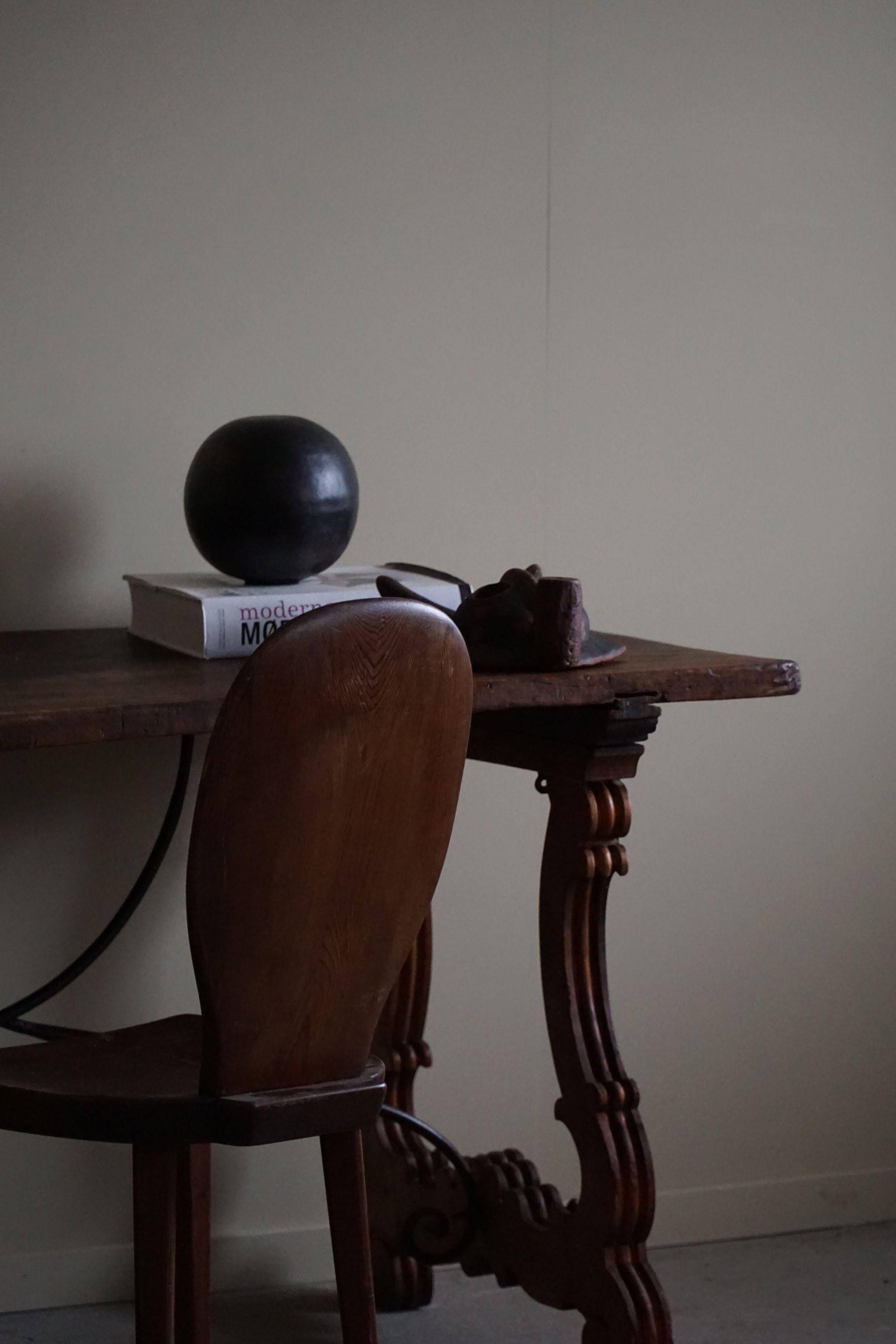 Brutalist table in antique Spanish solid oak and wrought iron, 19th century.
