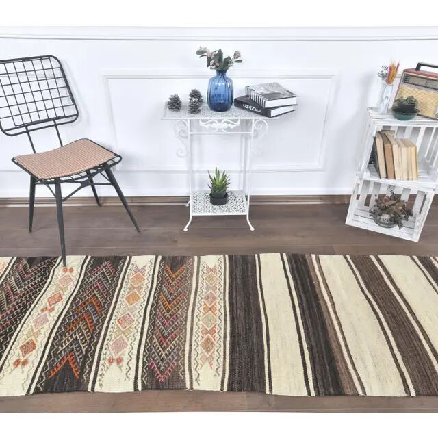1970s Vintage Turkish Runner Handwoven Wool Flatweave Kilim Rug 84x266