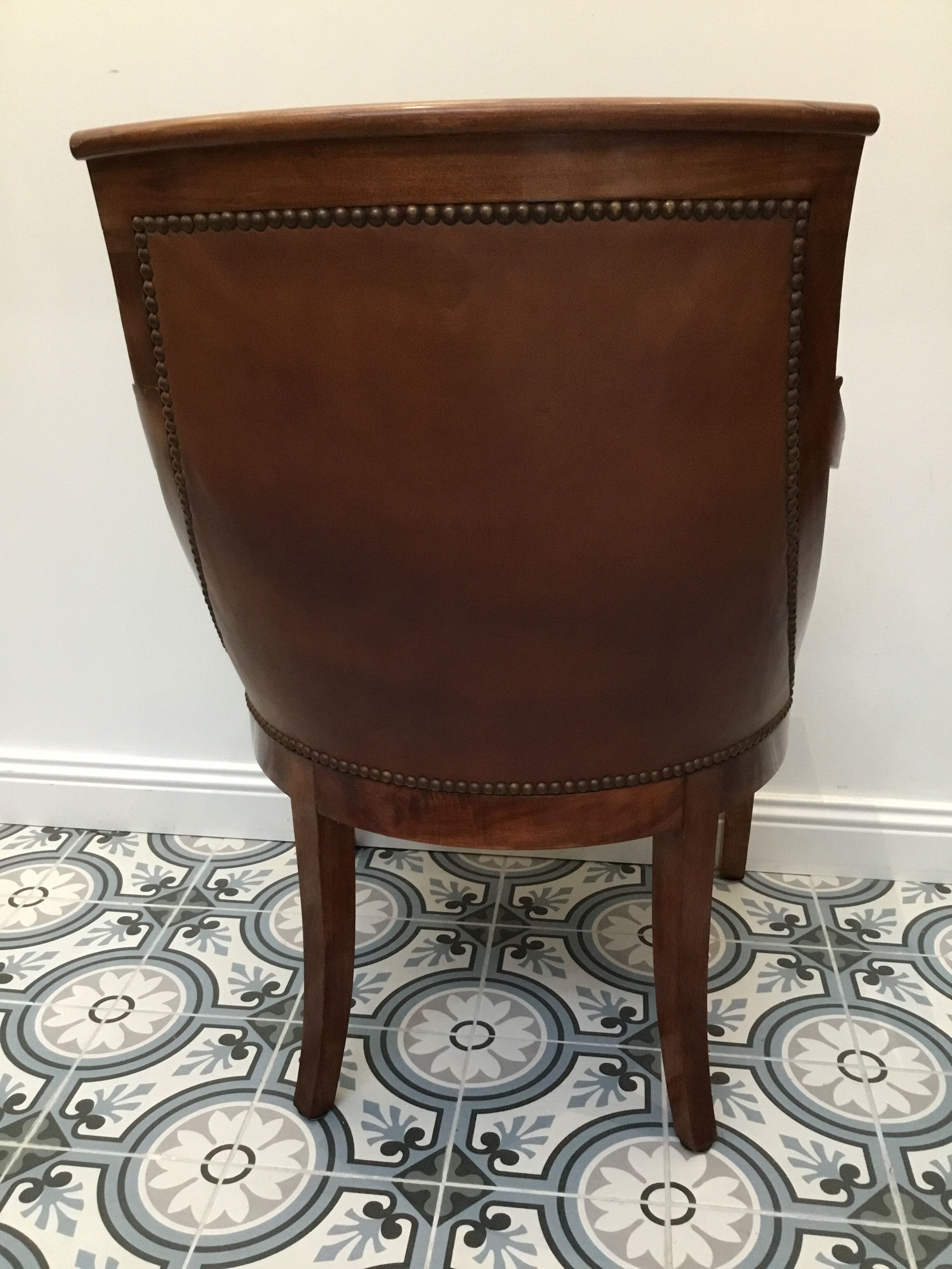 Blond mahogany desk trim brown leather 20th