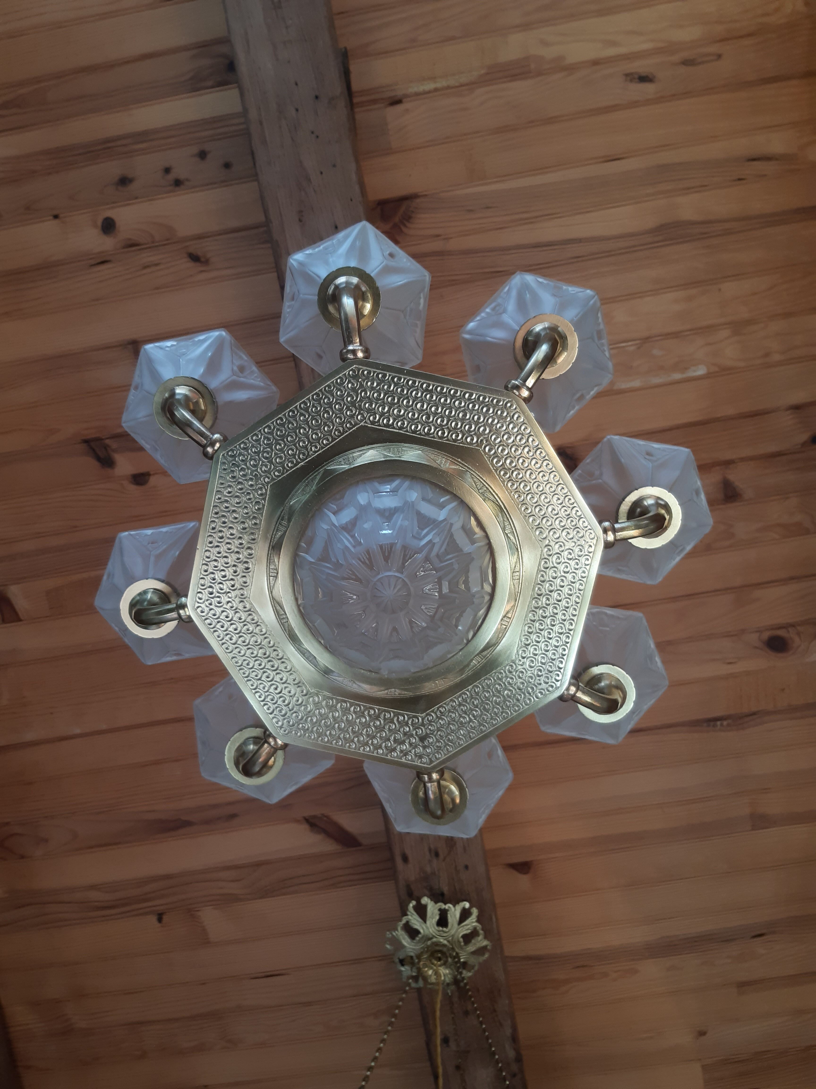 Art Deco chandelier 1930 Bronze Pressed Molded Glass