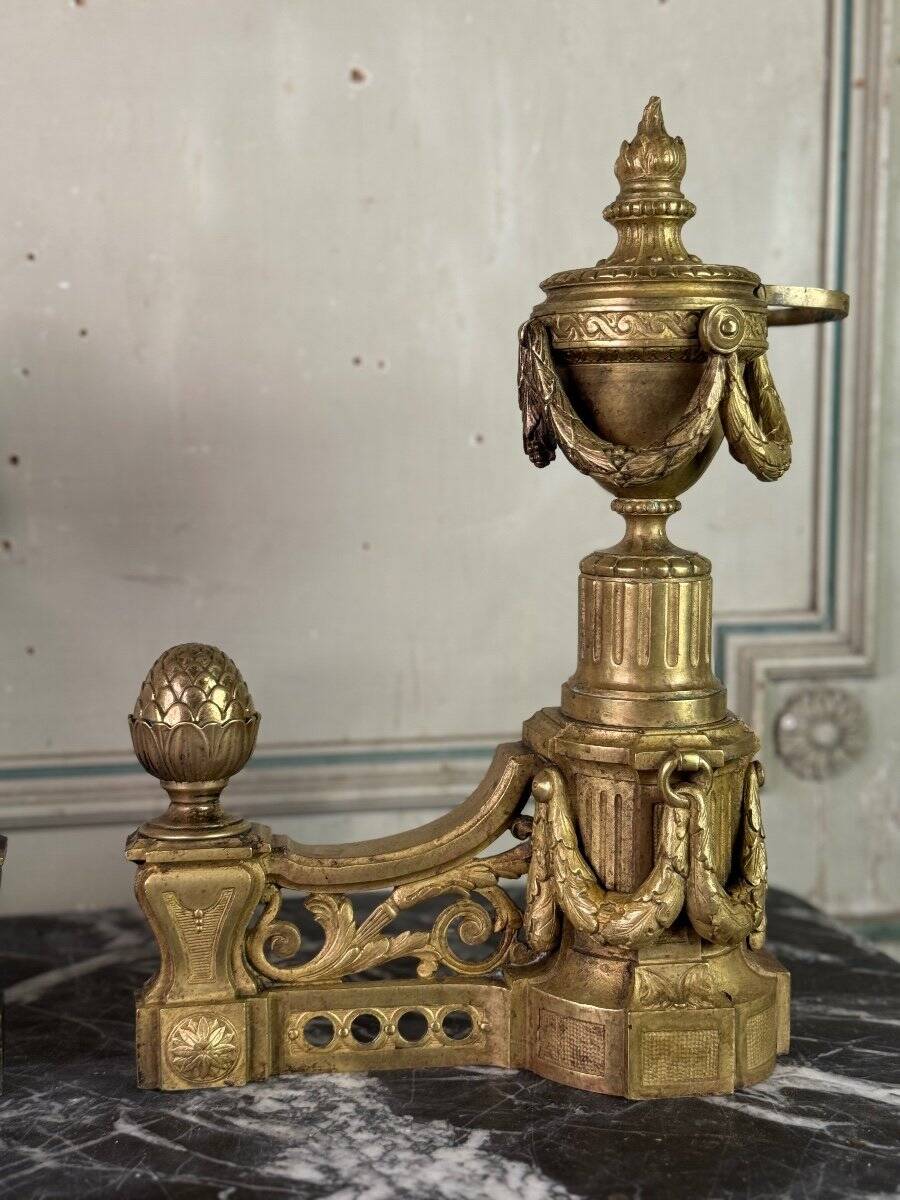 Pair of Louis XVI Style Gilt Bronze Andirons, 19th Century