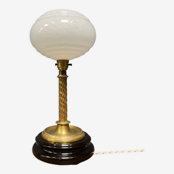 Antique brass table lamp with clouded glass shade