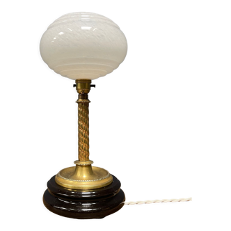 Antique brass table lamp with clouded glass shade