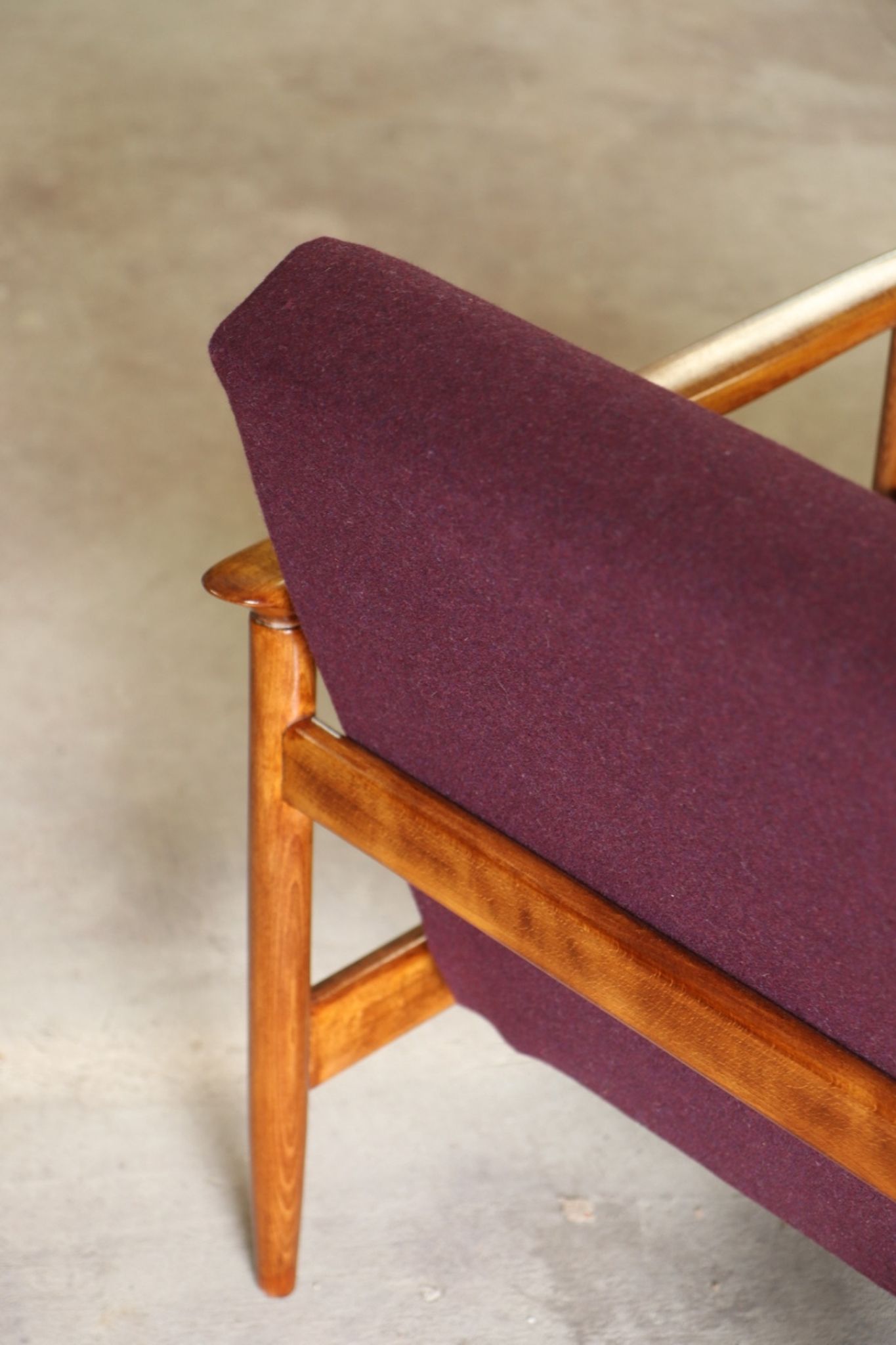 Oryginał wood armchair design by E. Homa 142 aubergine wool vintage chair modern