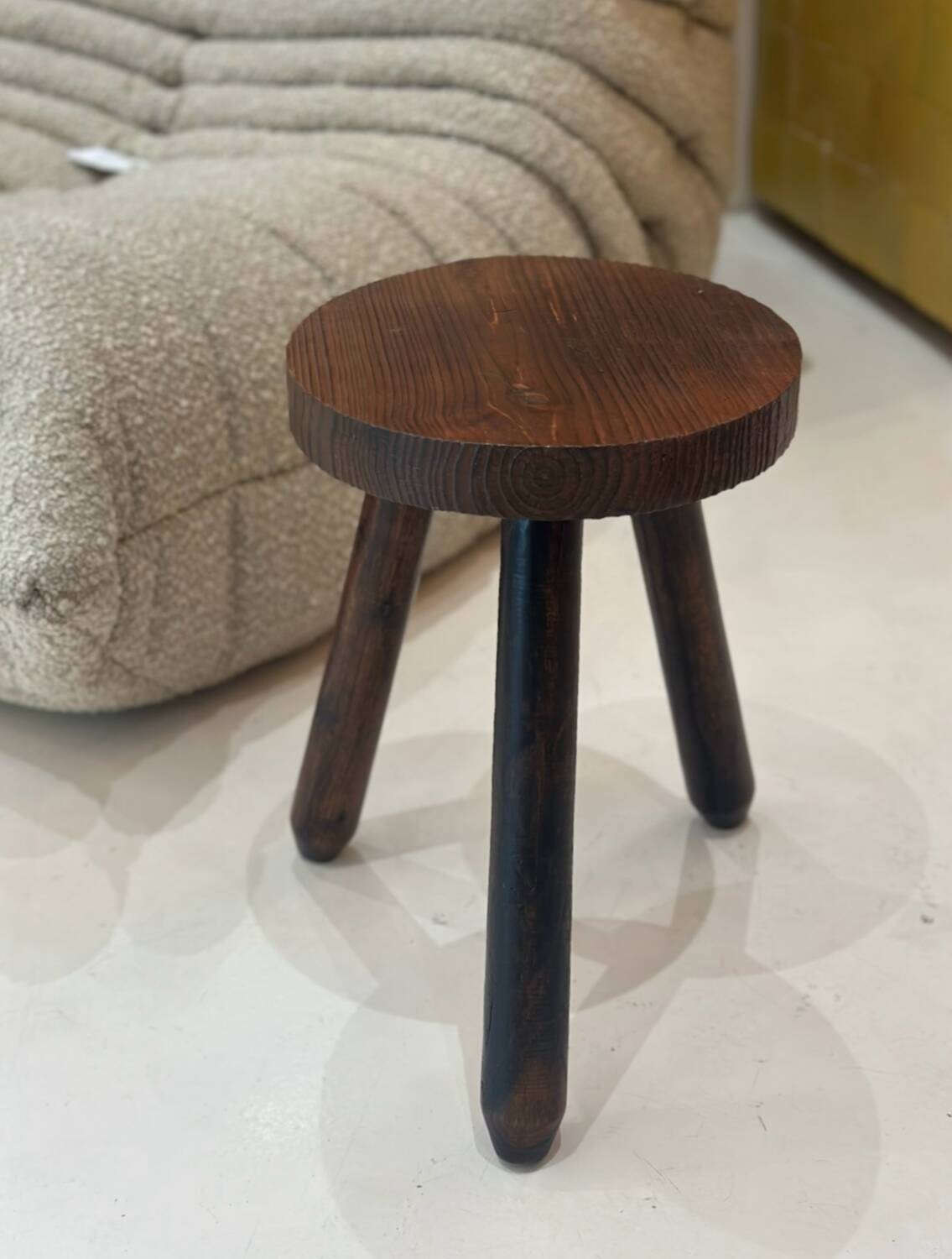 Vintage brutalist tripod stool compass legs - wood