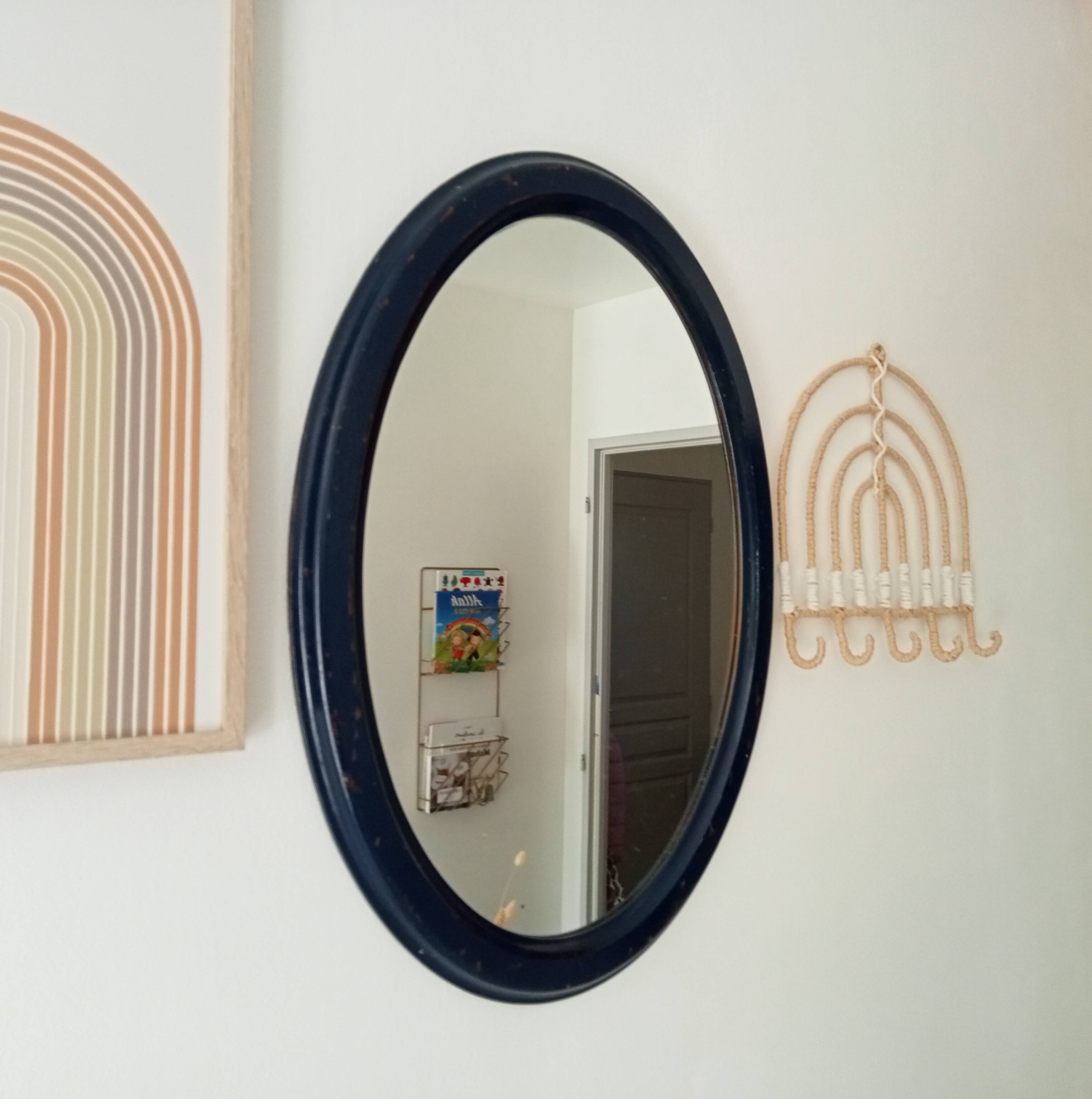 Vintage oval mirror in petrol blue wood