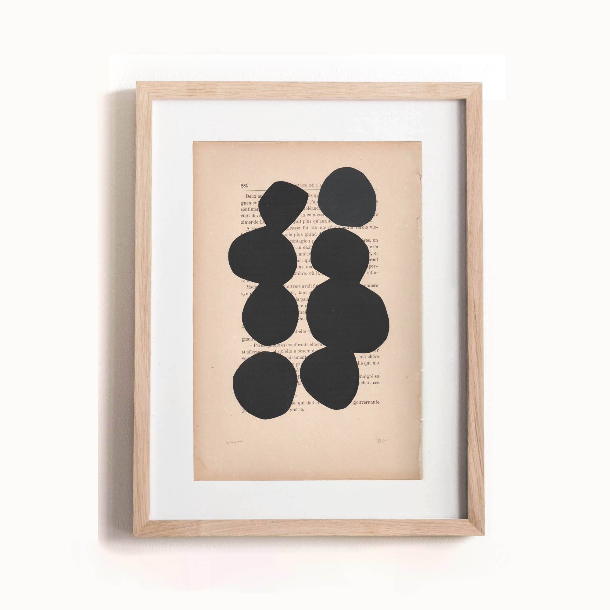 Collage on book page - abstract painting B129 black signed Eawy