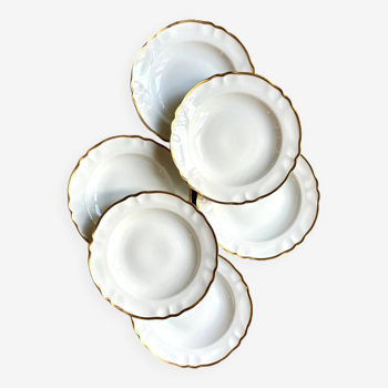 6 assiettes creuses en porcelaine de Limoges blanche et dorée