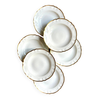 6 assiettes creuses en porcelaine de Limoges blanche et dorée