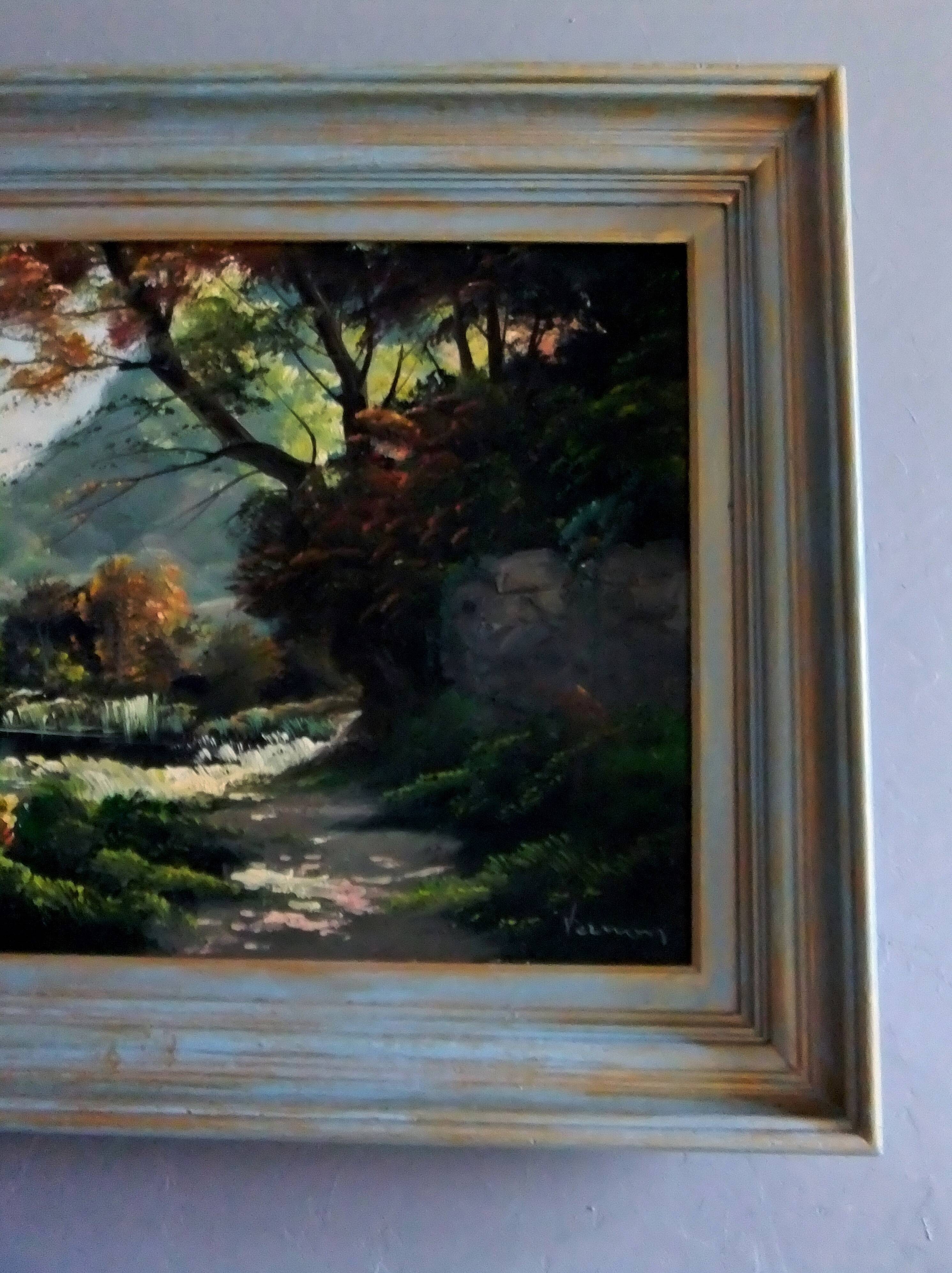 Oil painting landscape signed Vernon Gustavian blue and gold frame