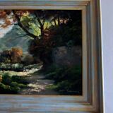 Oil painting landscape signed Vernon Gustavian blue and gold frame