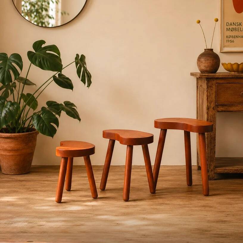 Set of three nesting stools in glazed wood, bean shape - 1960s-70s