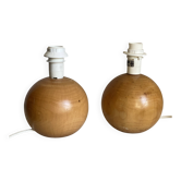 Paire de lampes de chevet boules bois tourné vintage 1970