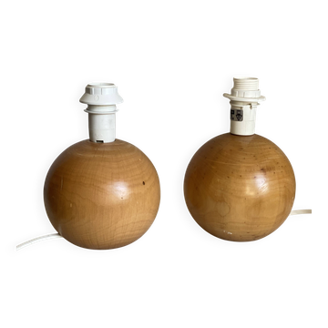 Pair of vintage 1970s turned wood ball bedside lamps.