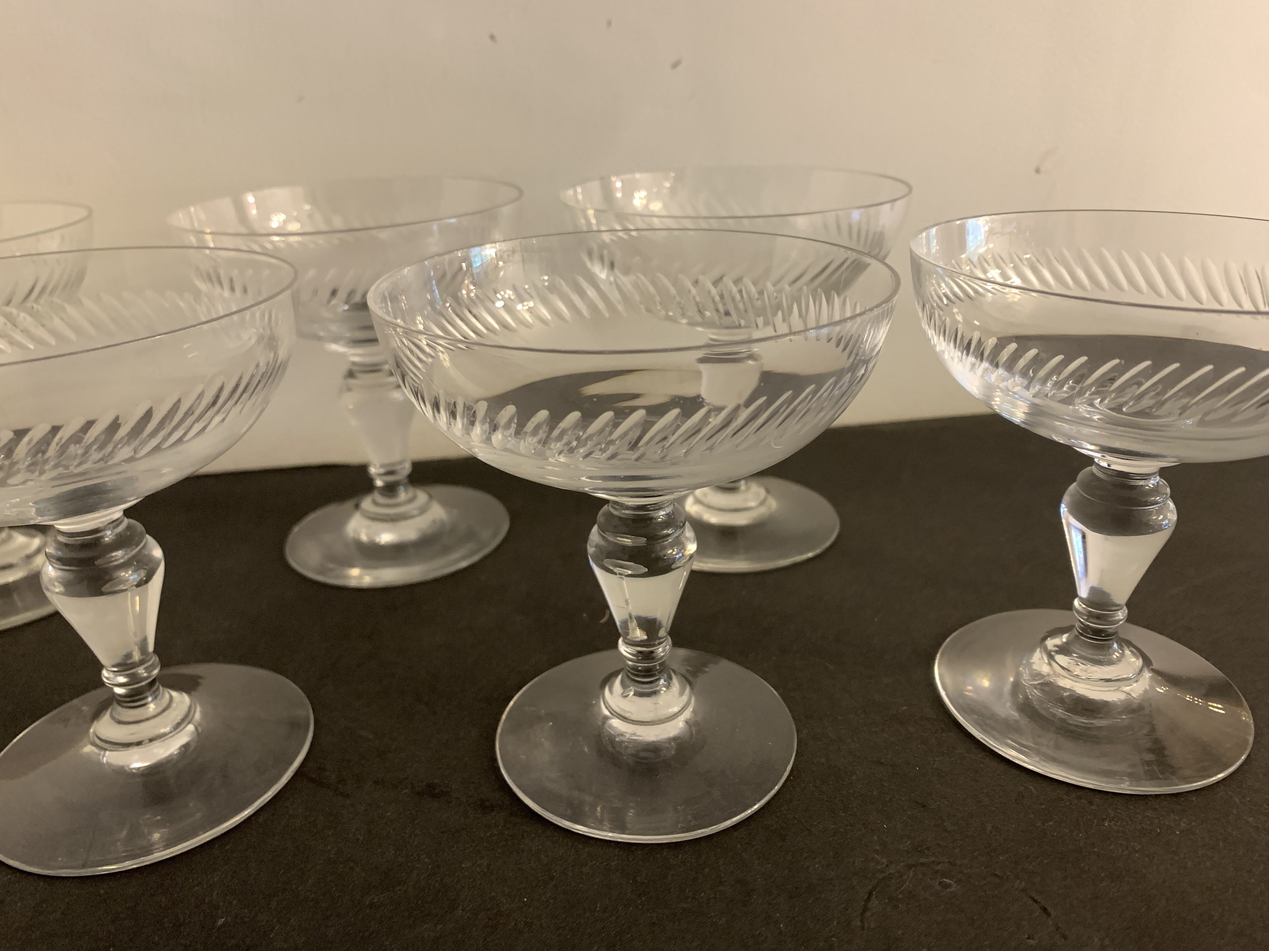 6 old champagne glasses in blown crystalline