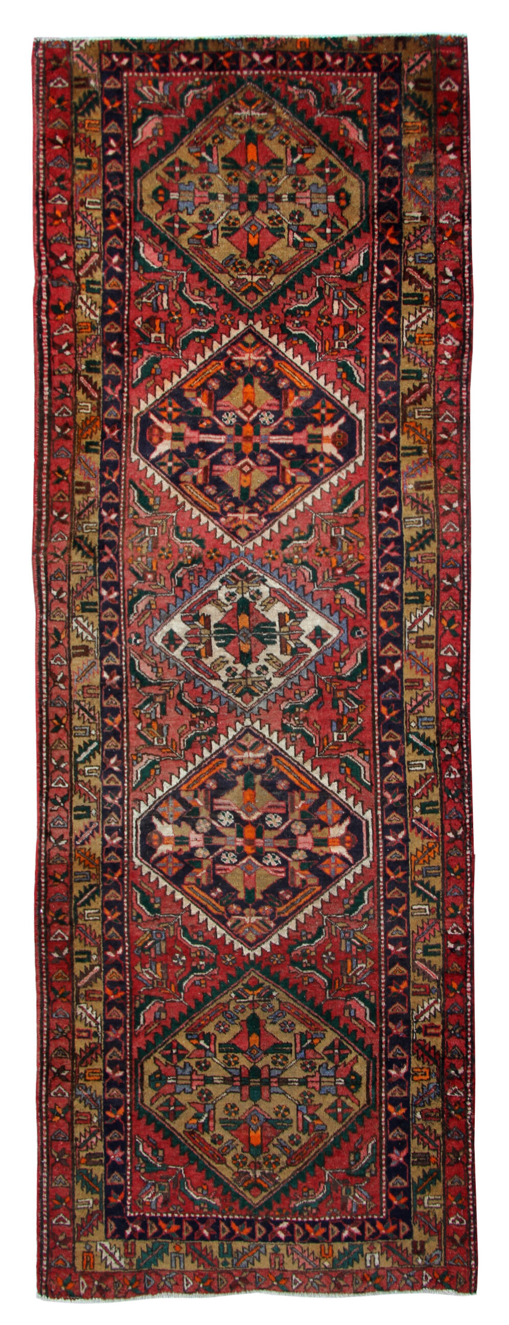 Tribal persian runner rug handwoven traditional red blue wool runner carpet 120x330cm