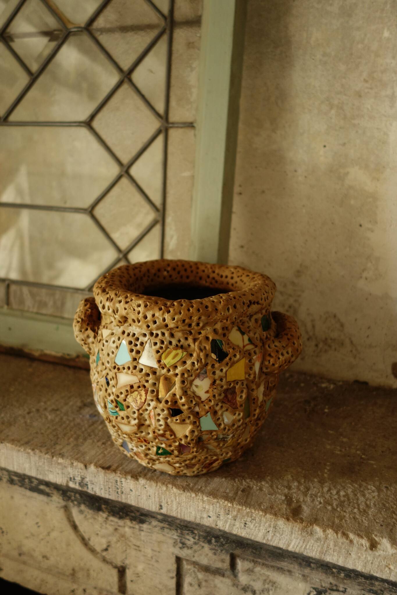 French Folk Art Mosaic Vase Pique Assiette