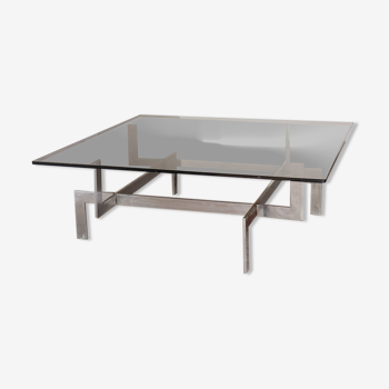 Vintage sculptural coffee table in glass and chromed metal 1970