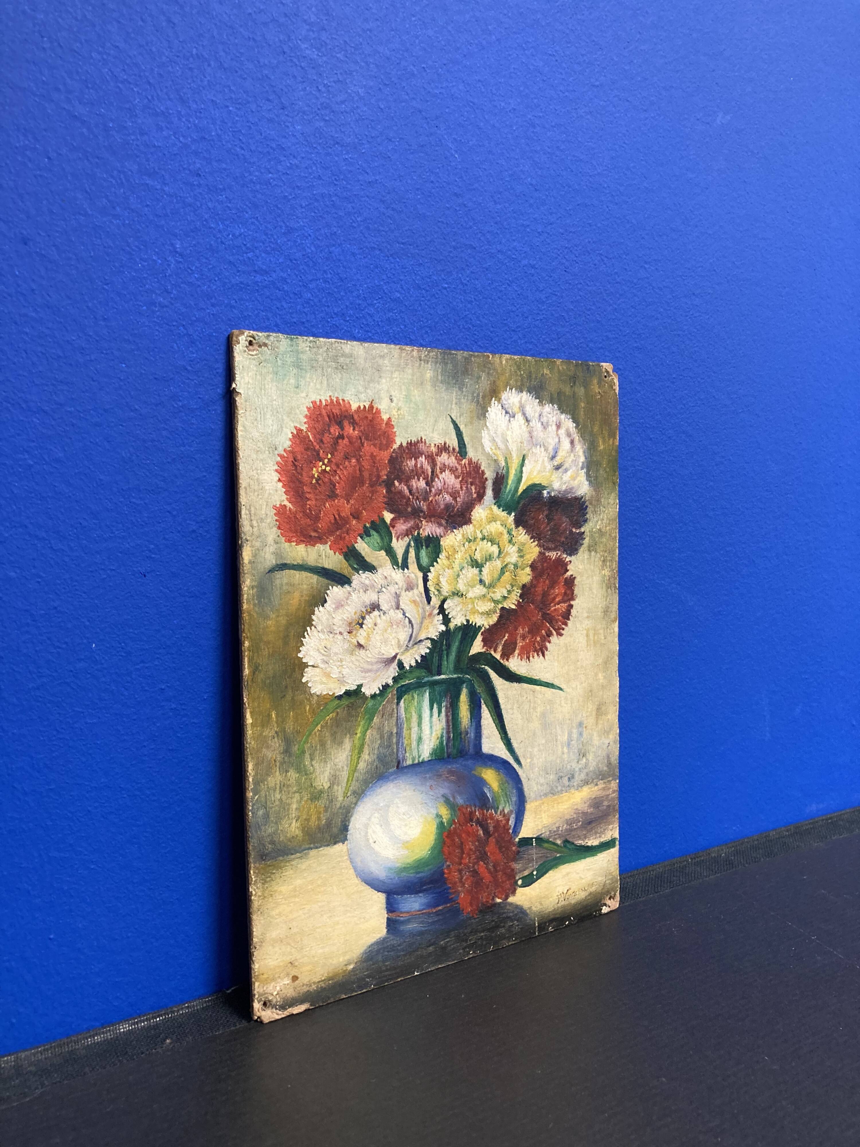 “Les Oeillets” Oil on panel signed