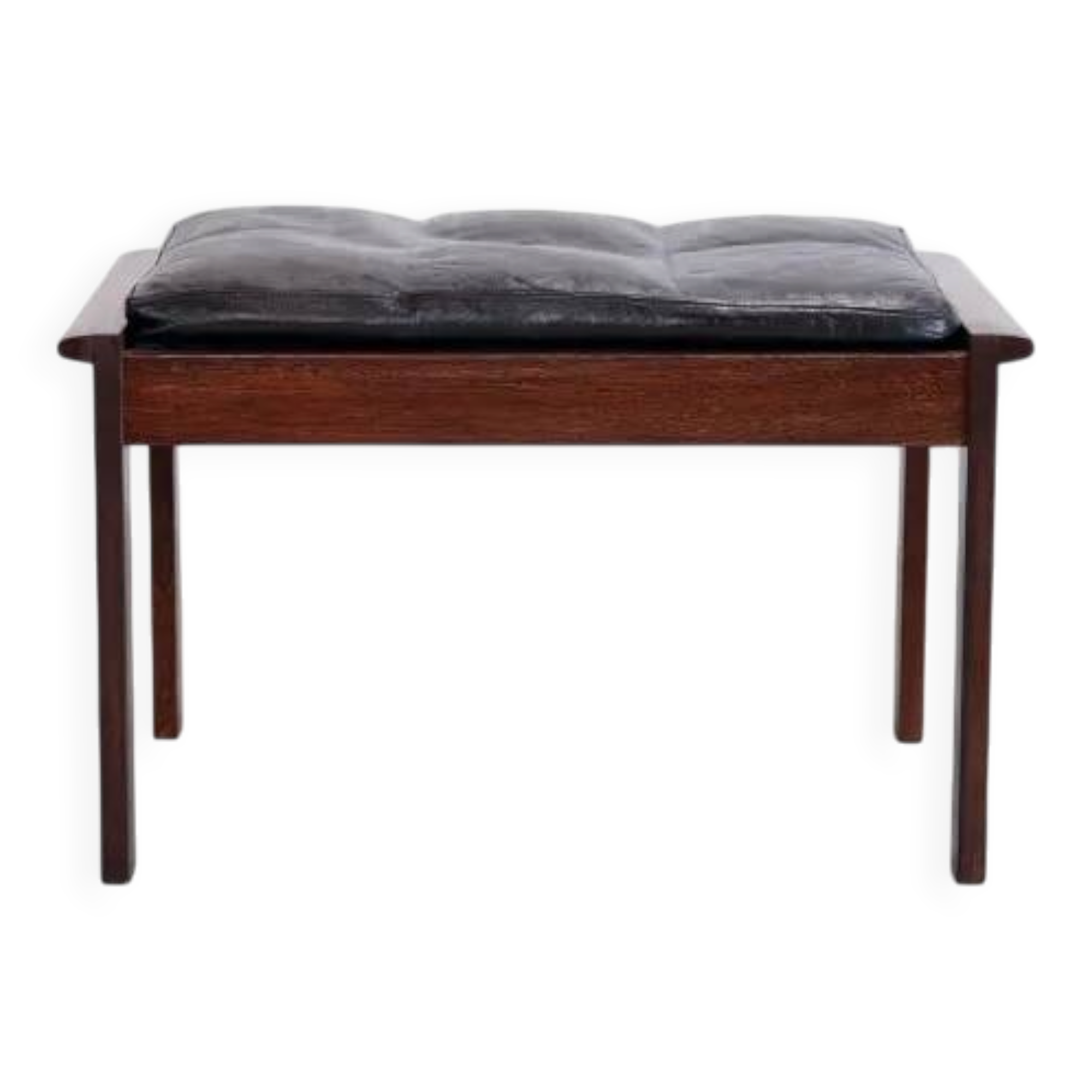 Footstool in solid wenge wood with black leather cushion, 1960