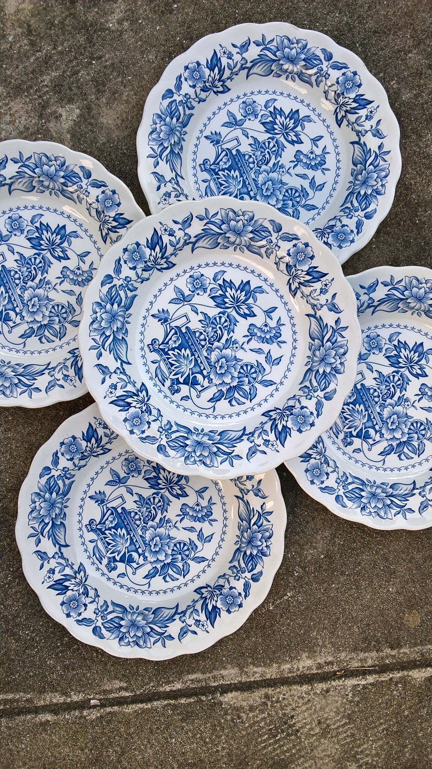 Ridgway "Pagoda" Staffordshire white and blue soup plates